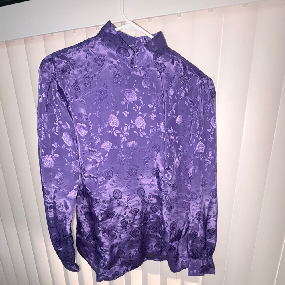 Vintage Purple Floral Satin High-Neck Blouse